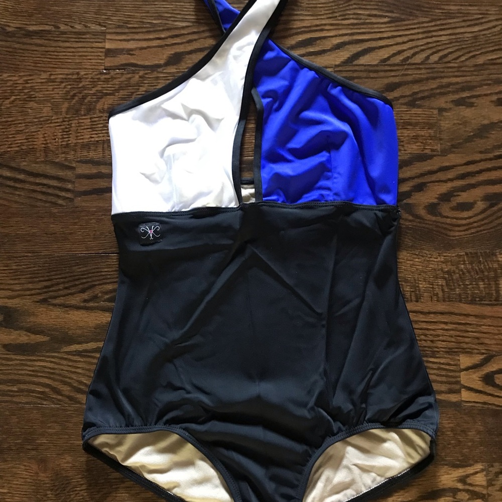 KK AM blue/white twist dance leotard